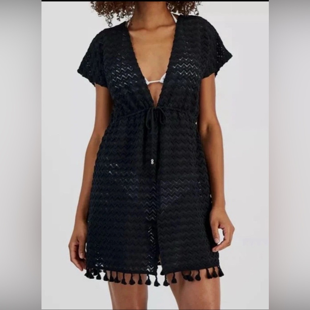 Miken Women's Black Tie-Waist Chevron-Knit Cover Up Swimwear Size XS NWT